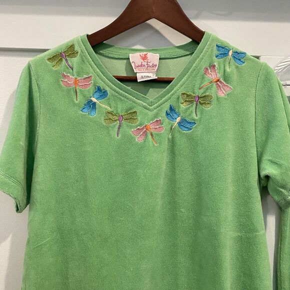 Quacker Factory Tops - Quacker Factory‎ Top Women XS Green Terry Cloth Dragonfly Beaded Embroidered